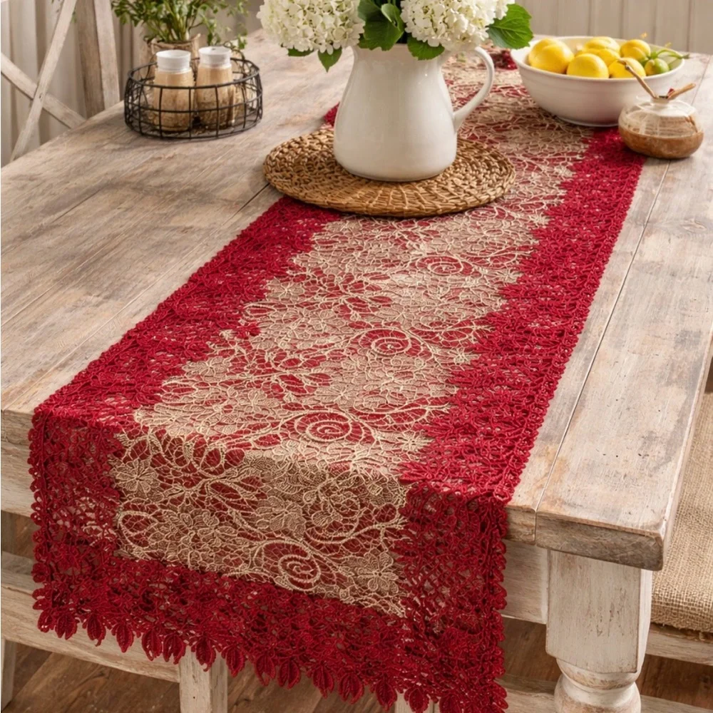 Home Interiors Red and Cream Floral Table Runner